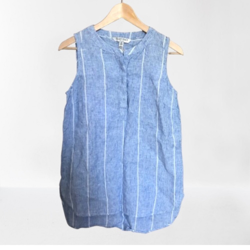 Ellen Tracy Linen Coastal Blue and White Striped Sleeveless Top Medium